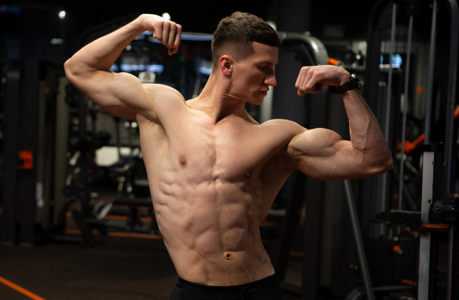 Muscular young man flexing his arms in a gym, showcasing defined biceps and abdominal muscles; confident posture in fitted workout shorts with gym equipment in the background, emphasizing fitness, dedication, and physical achievement.