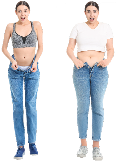 Side-by-side image of a woman showcasing a transformation; on the left, she wears a gray sports bra and oversized jeans, with a surprised expression, and on the right, she wears a white cropped shirt and well-fitted jeans, also with a surprised look. The contrast in outfits emphasizes weight loss or fitness progress, with a plain background focusing on the change.
