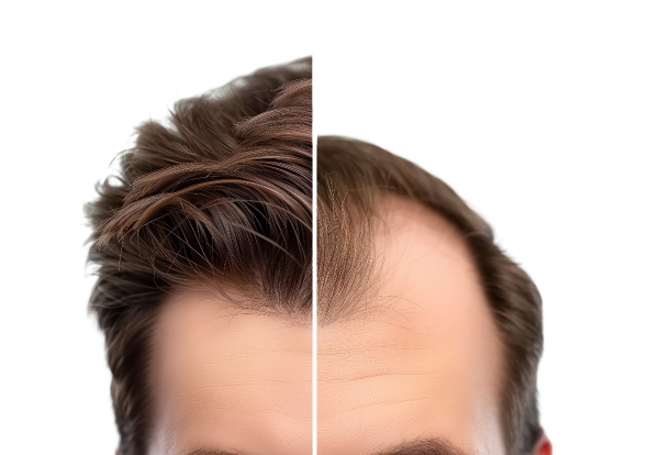 Split view of a man's hairstyle showcasing two contrasting sides. The left side features a full, styled hairstyle with voluminous, thick hair swept back and to the side, appearing healthy and well-groomed. The right side depicts hair thinning, particularly noticeable at the crown and front, resulting in a sparse look with much shorter hair that appears less dense. This visual effectively highlights the difference between a vibrant, full hairstyle and one affected by thinning or hair loss.
