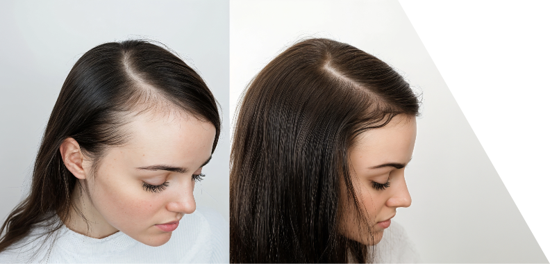 Split view of a woman's hairstyle illustrating two different conditions. The left side shows longer hair with noticeable thinning at the crown and along the parting, appearing flat and less voluminous, indicating reduced hair density. The right side features thicker, healthier hair with a defined part and greater volume, laying smoothly and appearing well-groomed, showcasing an overall fuller look. This comparison effectively highlights the contrast between thinning hair and a fuller hairstyle, emphasizing issues related to hair density.