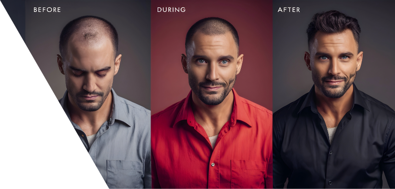 Three-panel comparison depicting the stages of a hair restoration process. Before: The individual shows noticeable hair loss, with a receding hairline and thinning hair on the crown, conveying a sense of concern or contemplation. During: The person's hair appears in a transitional state, possibly during treatment or recovery, with a shorter hairstyle that emphasizes the scalp, indicating a sense of improvement. After: The final panel showcases a significant transformation, featuring full, healthy hair. The individual smiles confidently, dressed in a stylish black shirt, reflecting a positive change in appearance and self-esteem. Overall, the images illustrate the journey of hair restoration, highlighting the before and after effects of treatment.