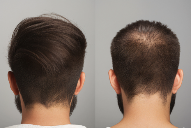 Comparison of two different hairstyles viewed from the back. On the left, an individual has voluminous, longer hair styled back and to the side, appearing thick and healthy with a subtle fade on the sides for a clean look. On the right, another individual has noticeably shorter hair with thinning on the crown area, resulting in a sparse appearance. The sides are also faded, but the top lacks the fullness seen on the left, emphasizing the contrast between a fuller hairstyle and one affected by hair thinning or loss.