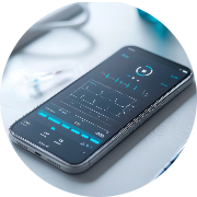 Smartphone displaying a digital health monitoring app, featuring various readings and a graphical representation likely related to vital signs or health metrics. The interface is dominated by blue and white tones, giving it a modern and high-tech appearance. The smartphone is placed on a light surface, with a few blurred items nearby, possibly including medical equipment. The overall aesthetic emphasizes health technology and digital monitoring, highlighting the integration of mobile devices in healthcare settings.