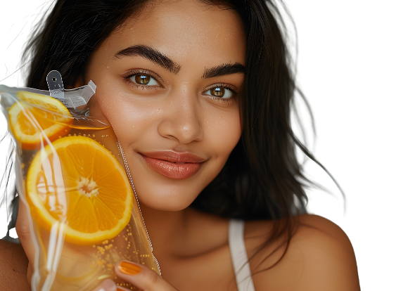 Young woman with long, wavy hair featuring subtle highlights, smiling gently with a warm and inviting expression. Her skin has a healthy, radiant glow, and her big, expressive eyes are a striking feature. In her hand, she holds a transparent IV bag containing slices of orange, suggesting a refreshing and invigorating theme. The bright orange color contrasts nicely with her skin tone, adding vibrancy to the image. She is wearing a simple white tank top, emphasizing her natural beauty. The overall composition conveys health and wellness, with her smile, fresh fruit, and the IV bag symbolizing a modern, holistic approach to hydration and wellness