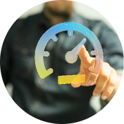 Person's hand reaching toward a virtual gauge or speedometer graphic, which is semi-transparent with a gradient shifting from blue to yellow, indicating a range related to performance or progress. The hand is positioned to suggest engagement or adjustment with the gauge. The soft-focused background emphasizes the foreground elements, enhancing the sense of digital interaction. The overall composition conveys themes of measurement, progress, and efficiency in a professional or technological context.