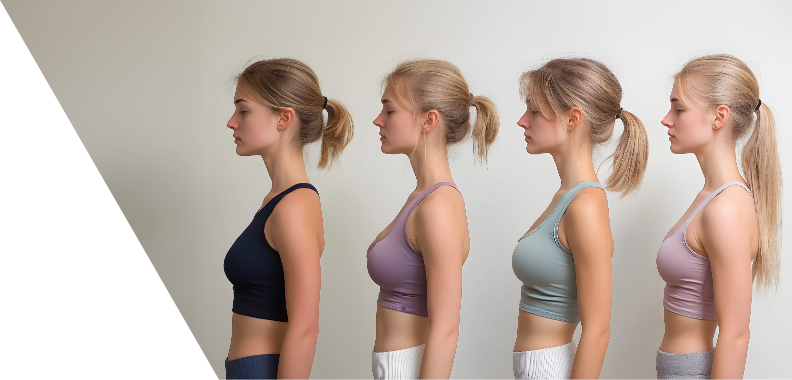 Side profile of a young woman in four poses showcasing fitness transformation; wearing sports bras in dark blue, light pink, light blue, and pastel shades, with minimalistic backgrounds emphasizing body positivity and progress.