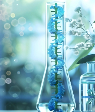 Laboratory setting with a glass beaker containing a vibrant blue substance, possibly DNA, next to a decorative glass bottle, surrounded by white flowers and green leaves, against a softly lit bokeh background, combining science with natural beauty.