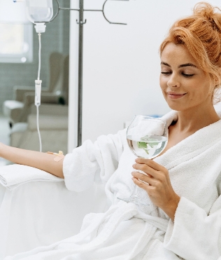 Woman in a white bathrobe sitting comfortably with a relaxed expression, holding a glass of water with lemon or lime, receiving an IV drip treatment, in a tranquil and minimalistic setting, emphasizing wellness, self-care, and relaxation.