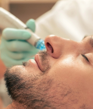 Man undergoing a facial treatment with a skincare device by a practitioner in light blue gloves, in a serene spa or clinic setting, emphasizing themes of self-care and grooming.