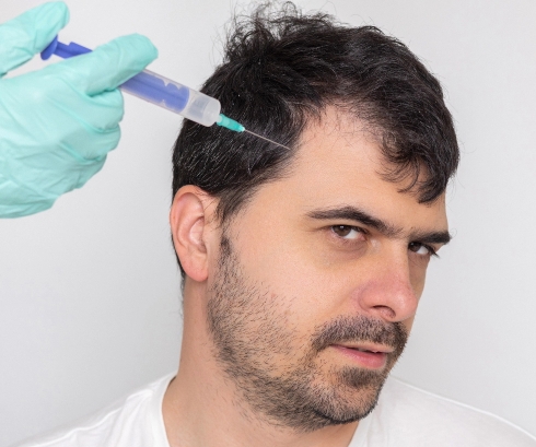 Man with short, dark hair looking skeptical as a syringe, held by a hand in a light blue glove, is poised near his head, suggesting a medical or cosmetic procedure, against a neutral background, conveying themes of hair restoration or cosmetic treatment.