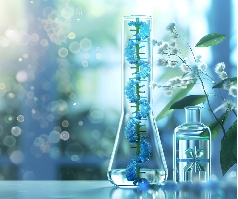 Laboratory setting with a glass beaker containing a vibrant blue substance, possibly DNA, next to a decorative glass bottle, surrounded by white flowers and green leaves, against a softly lit bokeh background, combining science with natural beauty.