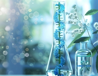 Laboratory setting with a glass beaker containing a vibrant blue substance, possibly DNA, next to a decorative glass bottle, surrounded by white flowers and green leaves, against a softly lit bokeh background, combining science with natural beauty.