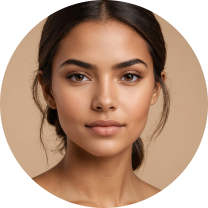 Young woman with a natural and serene expression, featuring smooth skin and a warm, radiant complexion. She has dark, slightly wavy hair styled back with some strands softly framing her face. Her well-defined eyebrows enhance her expressive features, and her subtle lips contribute to an overall polished look. The soft beige background enhances her natural beauty, creating a warm, inviting atmosphere. The circular framing of the image gives it a clean, modern aesthetic. Overall, the composition conveys elegance and simplicity, focusing on her facial beauty