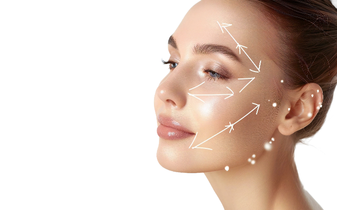 Profile view of a woman with smooth, radiant skin and a serene expression, emphasizing beauty and care. The focus is on her facial contours, enhanced by soft lighting. Overlaid on her face are several white arrows and dots, indicating various directions and points related to skincare techniques, facial massage, or cosmetic treatments. The black background emphasizes the subject and the graphical elements, creating a clean and modern look. The overall composition conveys themes of beauty, skincare, and self-care practices