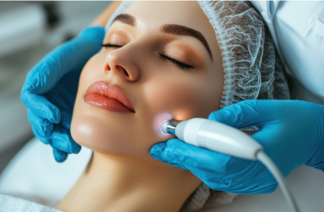 Woman receiving a facial treatment in a clinical setting, displaying a calm expression with her eyes closed and lips slightly parted. Her skin appears smooth and radiant, reflecting the results of the treatment. The professional administering the procedure is wearing blue latex gloves and holding a handheld device that emits a soft, glowing light near her cheek. The woman's hair is covered by a disposable cap, indicating a sterile environment. The softly blurred background emphasizes the treatment process, likely focused on skincare or rejuvenation. The scene conveys a sense of relaxation and self-care, typical of spa or dermatological treatments.