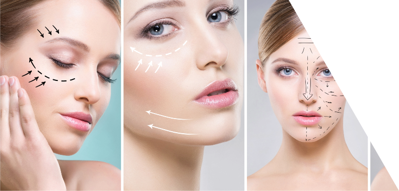 Triptych featuring a young woman across three panels, each illustrating different aspects of facial treatment techniques. Left Panel: The woman has a serene expression with her eyes closed and hand gently touching her cheek, accompanied by black arrows indicating upward and outward movements to suggest lifting or enhancing the area around the eyes. Middle Panel: The woman faces forward with a soft smile, and white arrows outline areas of her face, emphasizing rejuvenation techniques and overall facial contouring. Right Panel: The woman presents a direct gaze, with an emphasis on symmetry; black lines and arrows highlight targeted areas for treatments or massages. The light background creates a clean, modern look that underscores themes of beauty, skincare, and cosmetic procedures, aiming to educate viewers about effective facial care techniques.