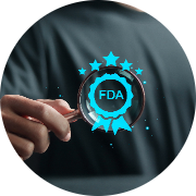 Hand holding a magnifying glass focusing on a circular 'FDA' emblem with stars and a blue border, set against a subtle gradient background; emphasizing scrutiny, quality assurance, and the importance of FDA approval or certification.