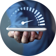 Hand holding a smartphone with a digital speedometer graphic overlay, indicating speed, against a blurred background; conveying fast performance, quick access, and a modern, tech-savvy theme.