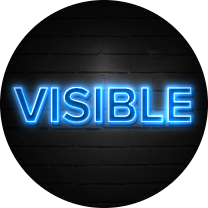 Neon blue 'VISIBLE' text with a glowing effect against a dark textured brick wall background, creating a vibrant, modern aesthetic; circular format enhances the visual impact, ideal for signage or graphic design.