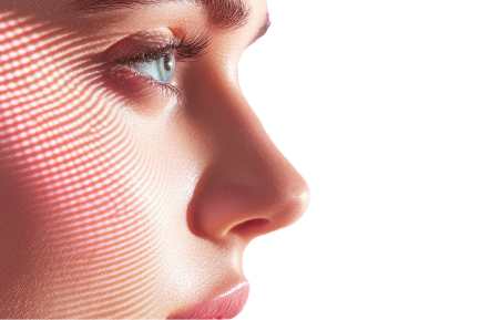 Close-up profile of a woman’s face showcasing a striking blue eye and smooth skin, with light and shadow creating wave-like patterns across her cheek; black background highlights her features, conveying beauty and depth in an artistic and ethereal way.