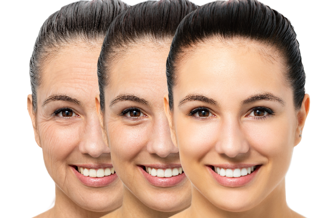 Series of three portraits of the same woman representing different stages of aging. Left Portrait (Aging): The woman appears older, with visible wrinkles and fine lines on her skin, slightly grayed hair, and a warm smile, showcasing prominent signs of aging. Middle Portrait (Middle Age): The woman looks younger than in the left portrait but older than in the right one, with fewer wrinkles and a smoother complexion, maintaining a joyful expression. Right Portrait (Youth): The woman appears youthful, with smooth skin and no visible signs of aging, featuring a vibrant smile and shiny, healthy hair. The overall layout emphasizes the transition through different life stages, showcasing the impact of aging on appearance while highlighting the beauty at each stage.